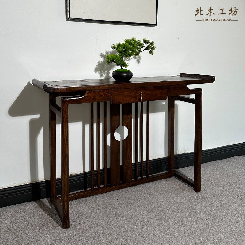 新中式玄关桌中式实木玄关台简约供桌条案轻奢入户禅意榆木玄关柜
