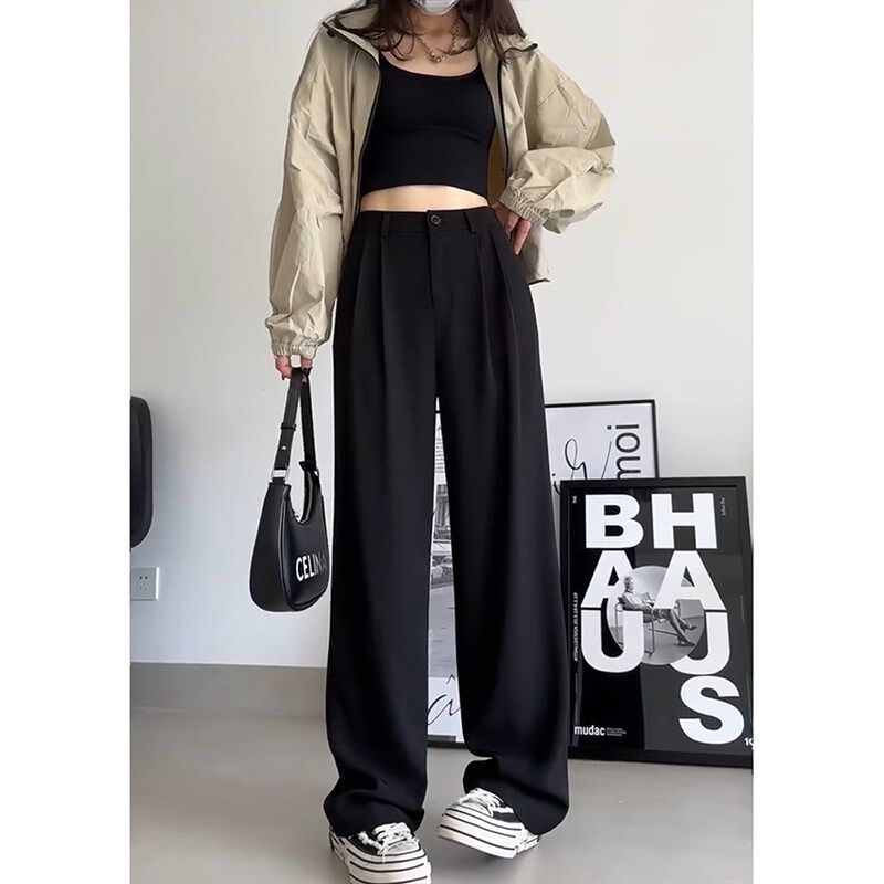 大码黑色垂感西装裤女款春季胖mm显瘦裤子梨型身材粗腿宽胯阔腿裤