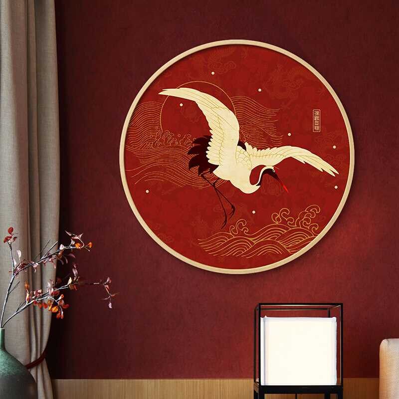 中国红仙鹤鱼圆形画长寿如鱼得水吉祥寓意中式客厅玄关样板间挂画