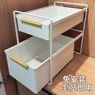 厨房下水槽置物架抽屉式双层推拉篮窄缝卫生间柜台盆下抽拉收纳架