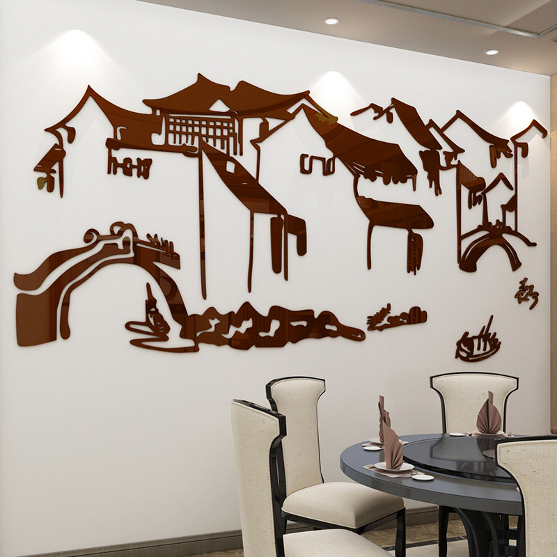 江南水乡新中式饭店餐饮店墙面装饰墙贴铁锅炖餐厅包间墙壁装饰画