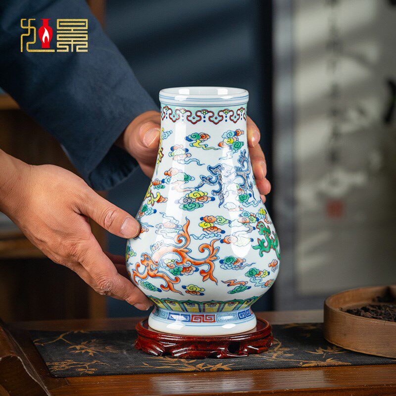 中式手绘青花瓷陶瓷花瓶 景德镇复古斗彩福筒瓶家居装饰