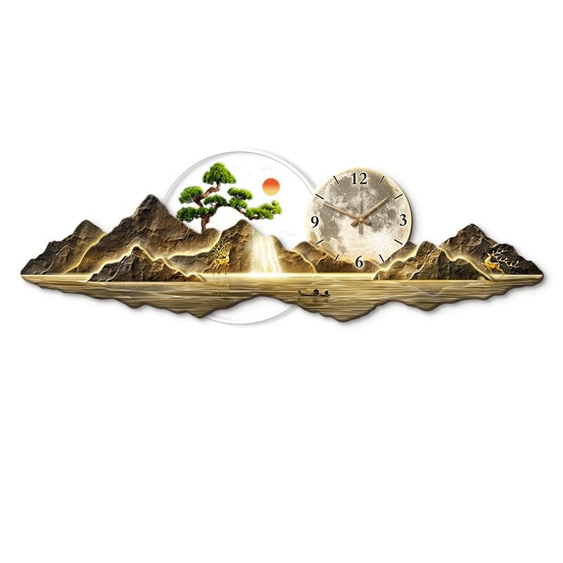 钟表挂钟客厅装饰画2026新款新中式沙发背景墙挂画轻奢山水壁灯画