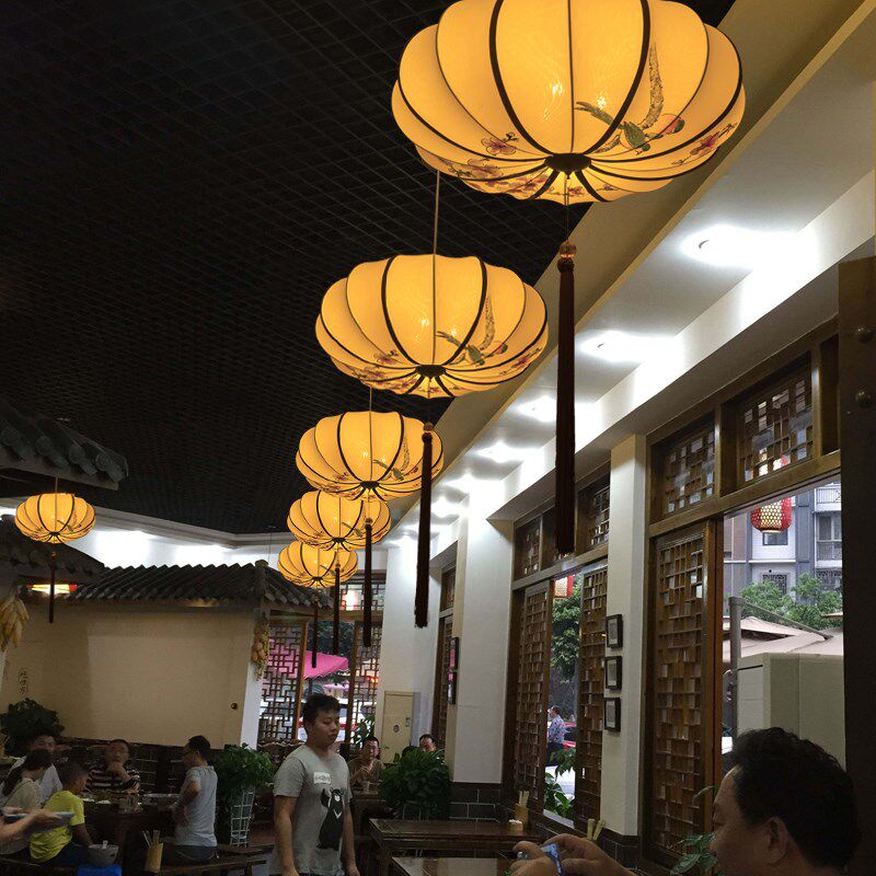 中式吊灯手绘布艺灯笼茶室禅意灯中式餐厅茶楼过道灯具仿古中国风