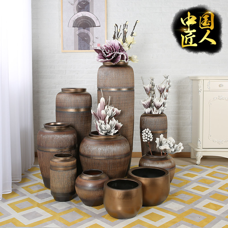 复古干花花瓶景德镇陶瓷陶罐摆件家居客厅插花做旧粗陶盆陶艺摆设