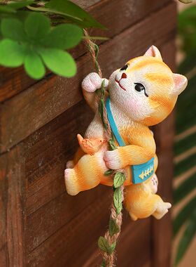 可爱小猫小猪壁挂摆件户外庭院阳台造景装饰花园盆艺攀爬树上挂件