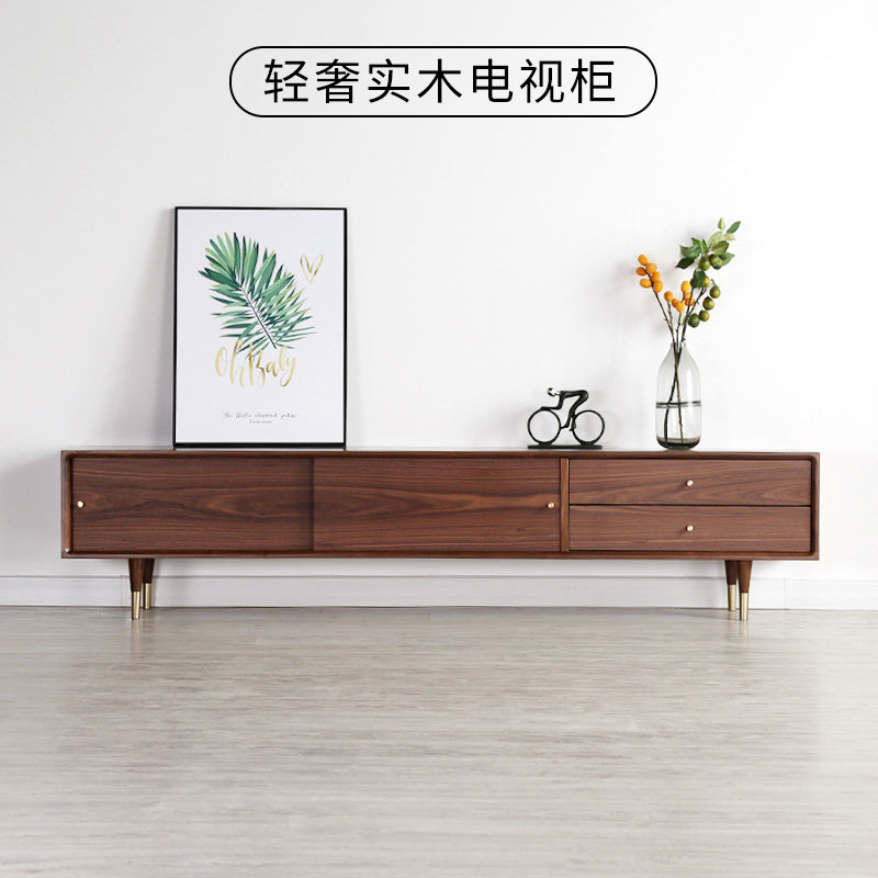 轻奢实木电视柜北欧橡木地柜推拉门胡桃木玻璃移门矮柜客厅储藏柜