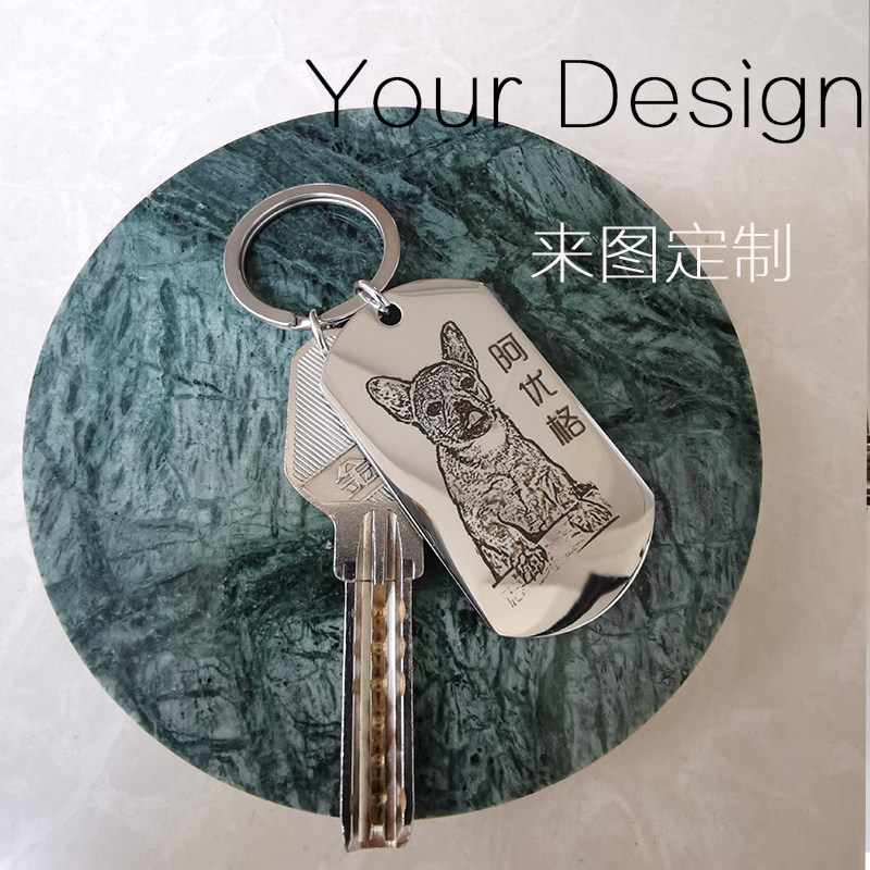 diy刻字定制照片方形钛钢钥匙扣挂件吊坠宠物猫狗狗头像纪念礼物