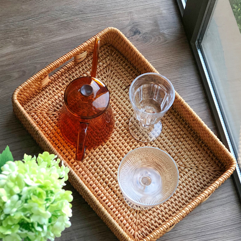 手工藤编托盘长方形家用放茶水杯复古茶盘水果盘蛋糕零食日式竹编