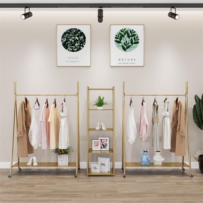 服装店展示架落地式网红专用金色女装店货架陈列架童装挂衣杆带轮