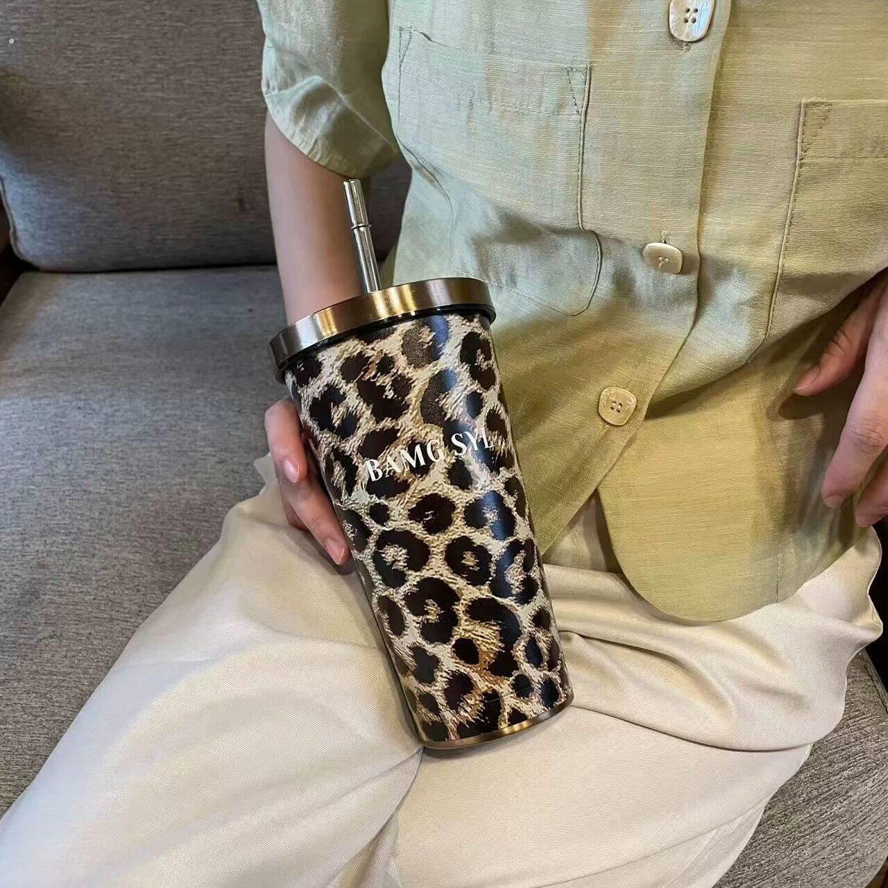 豹纹保温杯豹纹吸管咖啡杯304不锈钢保温高颜值女生礼品车载杯子