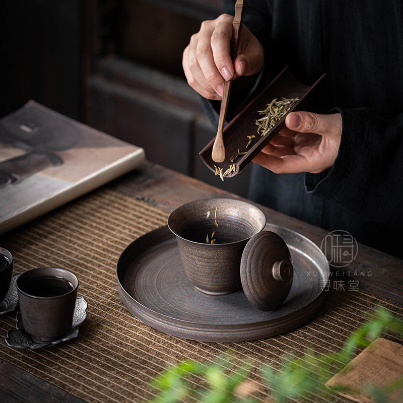 古铜釉粗陶干泡盘复古鎏金铁锈釉小茶盘圆盘茶托陶瓷功夫茶具