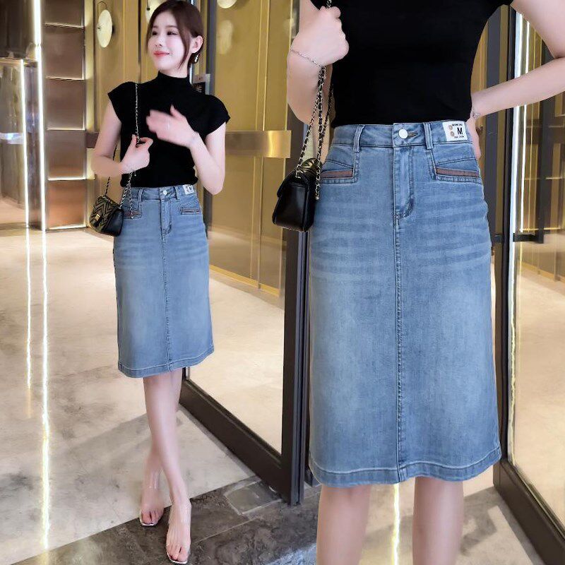 牛仔半身裙女夏季薄款2024新款高腰显瘦百搭中长款开叉a字牛仔裙