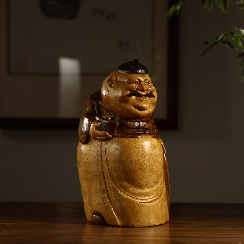 竹根雕老财主中式玄关装饰木雕家居橱窗装饰摆件招财复古创意财神