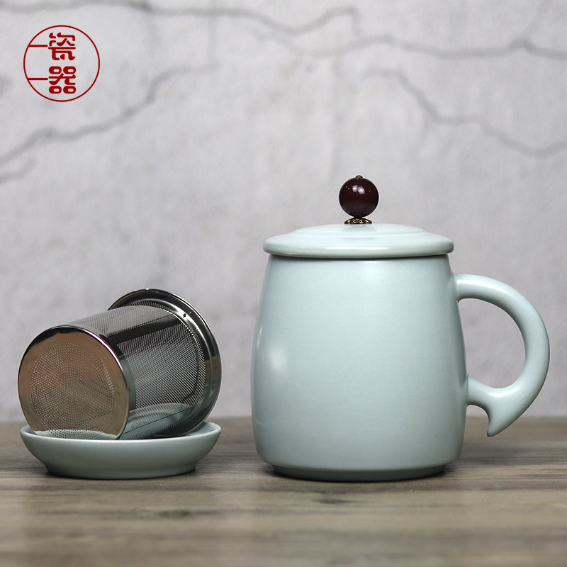 汝窑泡茶杯茶水分离过滤办公室陶瓷杯子男士高档大容量马克杯女士