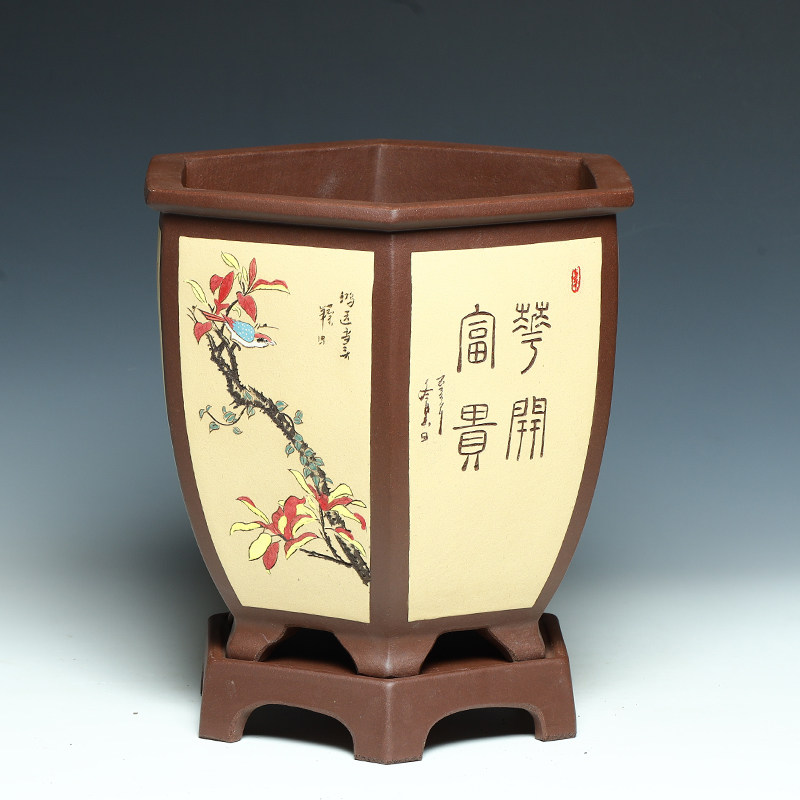 宜兴精品紫砂大花盆陶瓷透气中国风黄色高档六角君子兰花盆带托盘