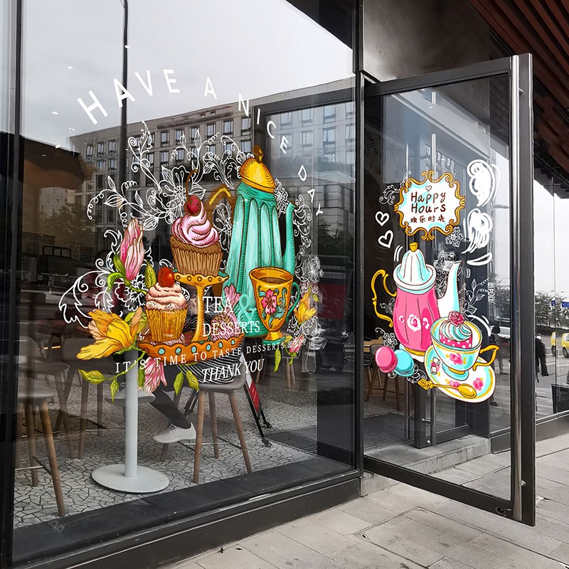 英式下午茶海报甜品店网红橱窗氛围布置玻璃贴纸静电贴膜落地窗户