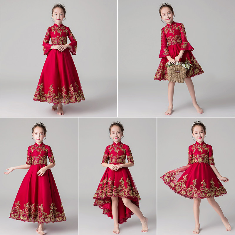 中式儿童礼服公主裙女童蓬蓬纱生日长袖红色花童主持人钢琴演出服