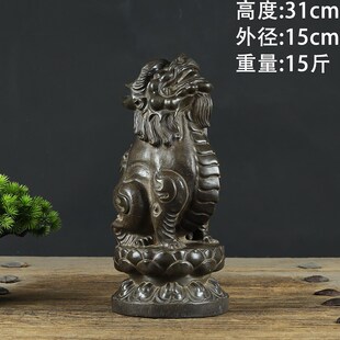 中式复古天然青石浮雕莲花座望天吼朝天吼瑞兽貔貅麒麟石雕摆件