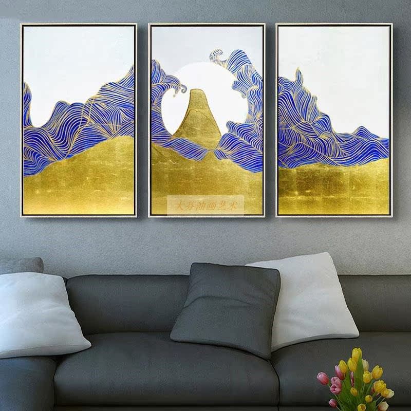 手绘油画新中式风格玄关装饰画 金色抽象挂画 设计师样板房壁画