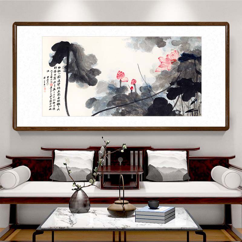 国画荷花有框新中式客厅背景墙装饰画书房餐厅禅意挂画张大千字画