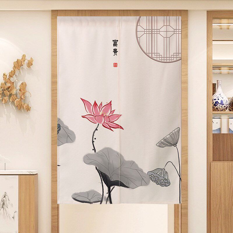 中式门帘中国风卧室厕所挂帘大门厨房卫生间隔断半帘荷花布帘