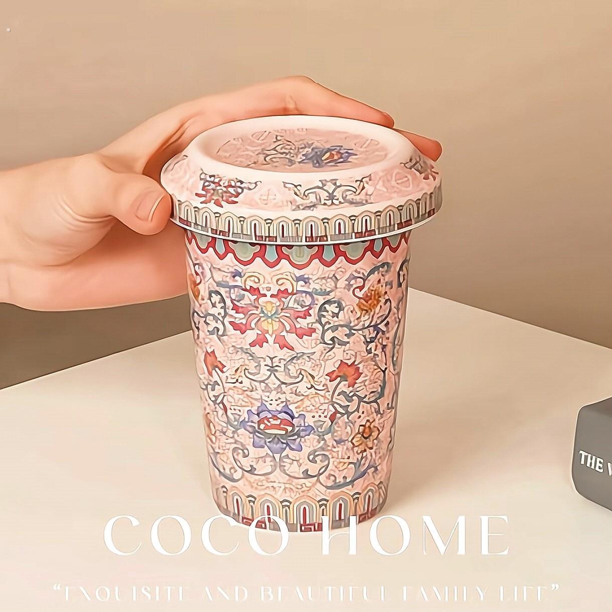 【邂逅春天】复古珐瑯杯子家用喝水杯女生高颜值陶瓷马克杯带盖子