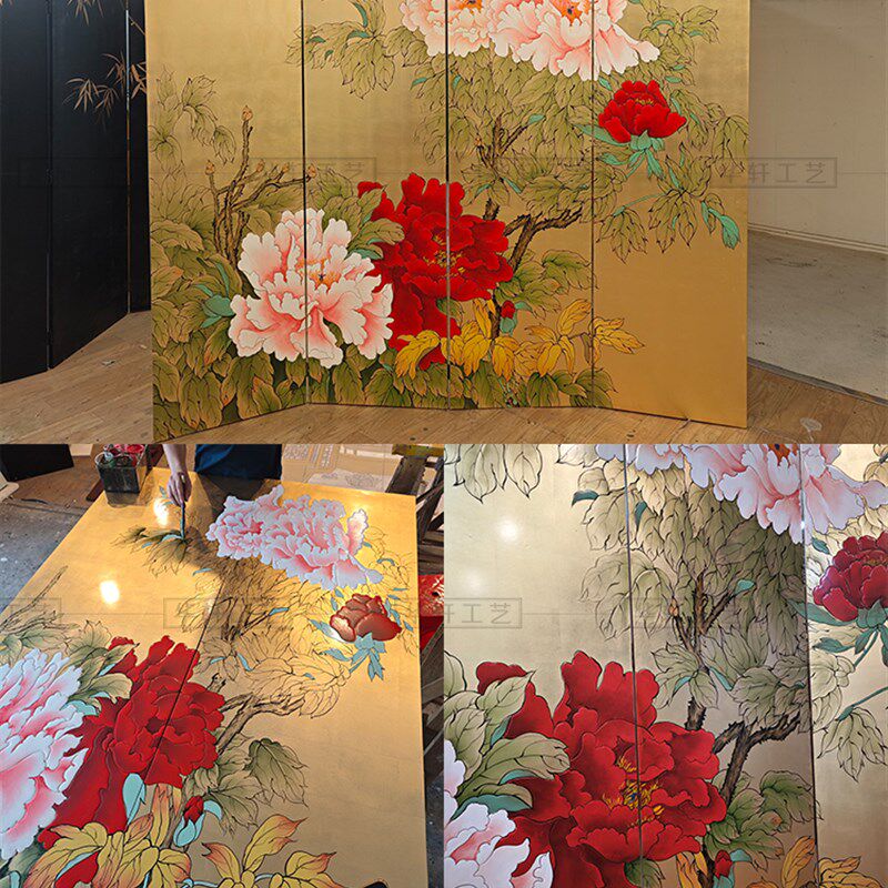 定制纯手绘花鸟牡丹金箔漆画屏风茶室玄关书房办公折屏折叠背景墙