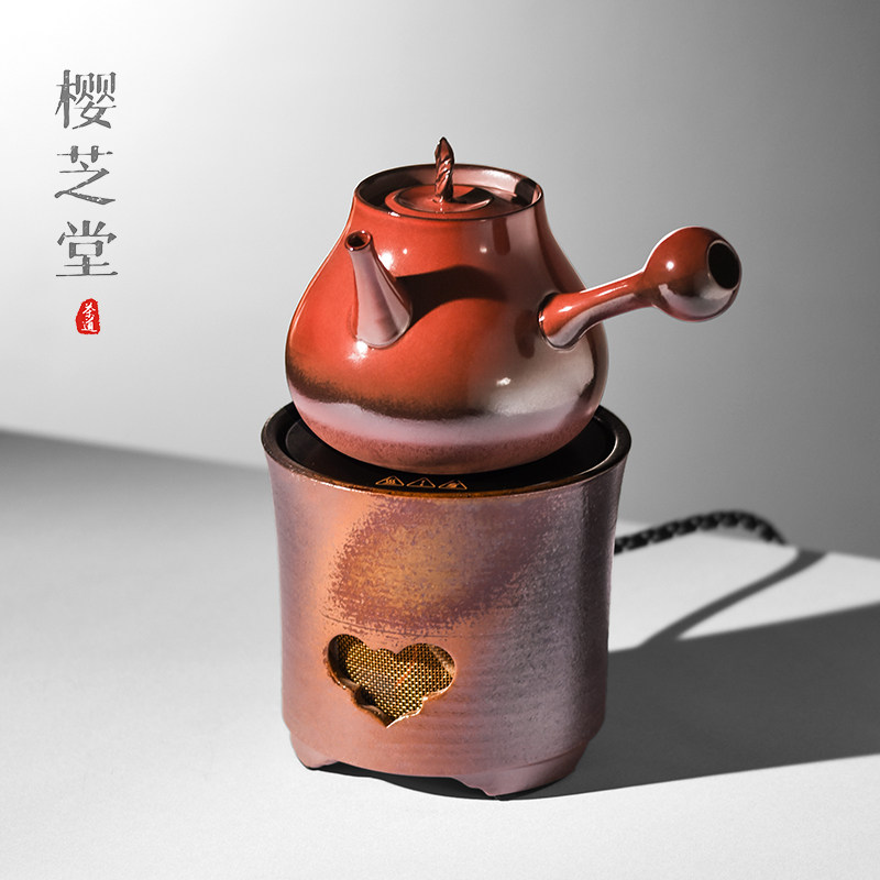 煮茶器电陶炉小型复古茶具柴烧陶土煮茶炉新款家用窑变侧把煮茶壶