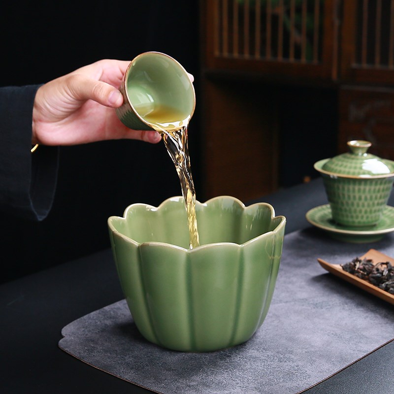 复古竹绿釉花瓣陶瓷茶洗大号茶渣缸杯洗家用笔洗水盂茶道配件