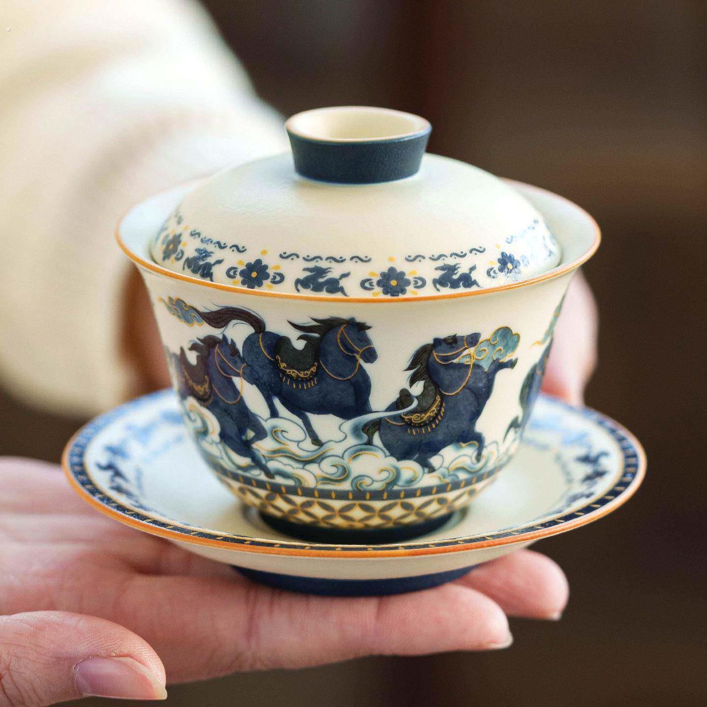 祥云八骏图陶瓷三才盖碗单个高档泡茶碗带盖茶杯茶盅马年功夫茶具
