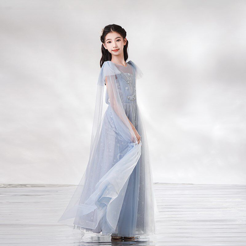 中国风蓝色儿童演出服民乐古筝大童女童演奏古风主持合唱礼服春夏