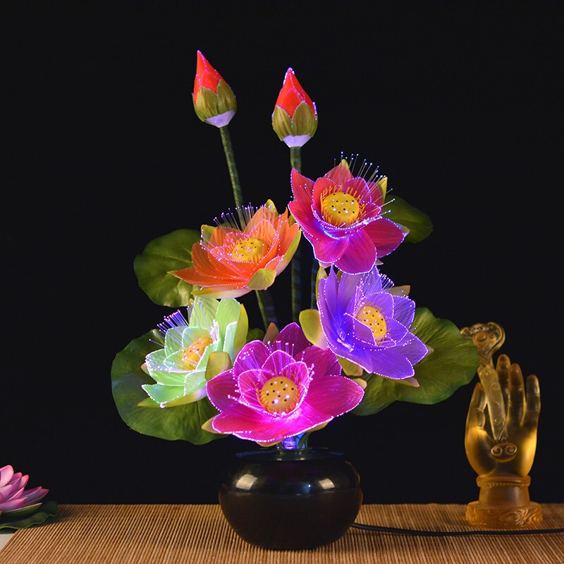 居家花灯盆栽盆景花七彩佛前花灯光纤荷花灯供灯LED莲花灯佛供灯