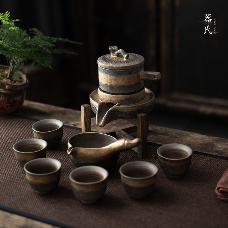 器氏 粗陶半自动茶具懒人功夫套装复古陶瓷石磨泡茶器家用冲茶器