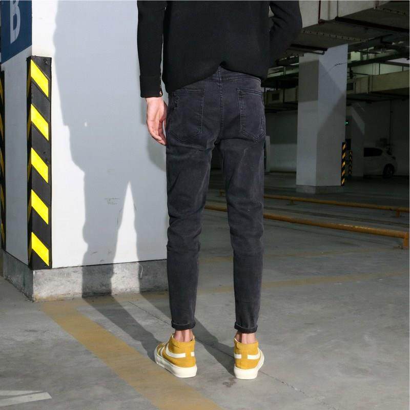 黑灰色九分牛仔裤男士新款修身小脚铅笔裤百搭弹力休闲微跨锥形裤