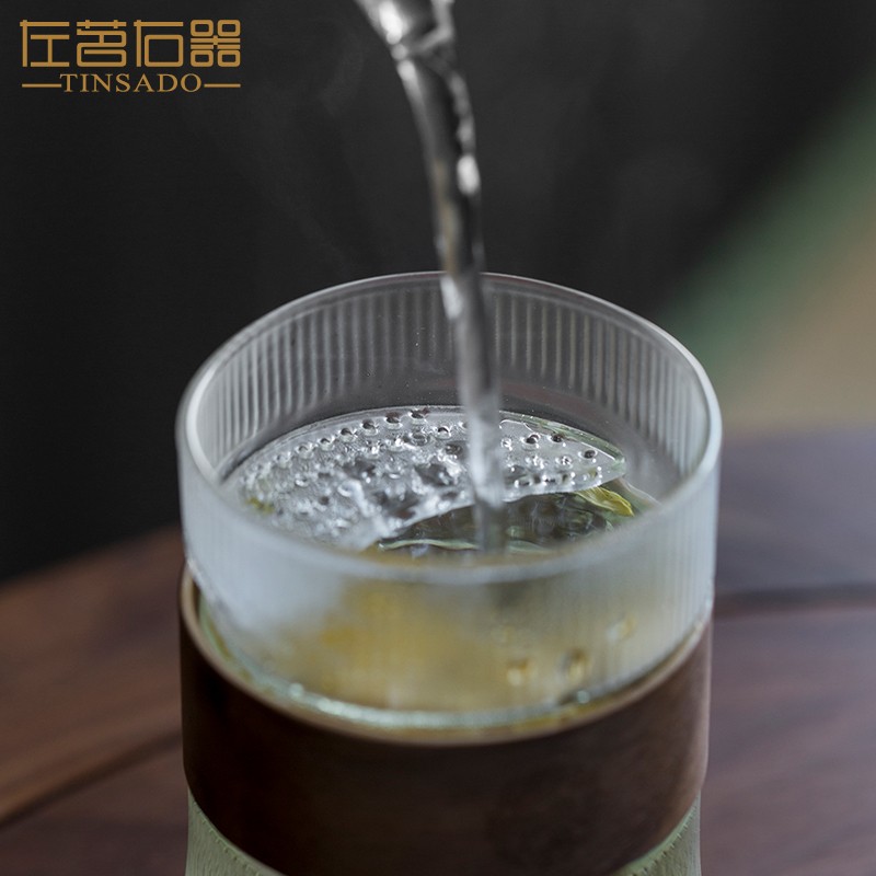 左茗右器锤纹泡茶杯家用月牙杯喝水杯带盖耐热玻璃个人专用茶杯子