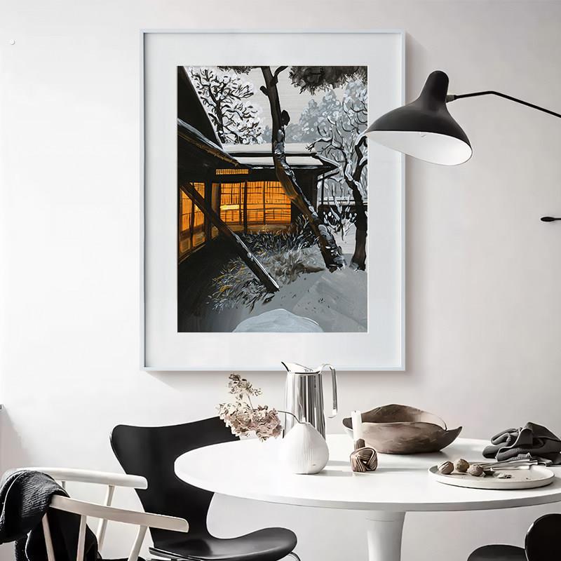 《雪》简约现代雪景客厅纯手绘油画日式建筑玄关装饰画高级感挂画