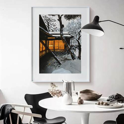 《雪》简约现代雪景客厅纯手绘油画日式建筑玄关装饰画高级感挂画