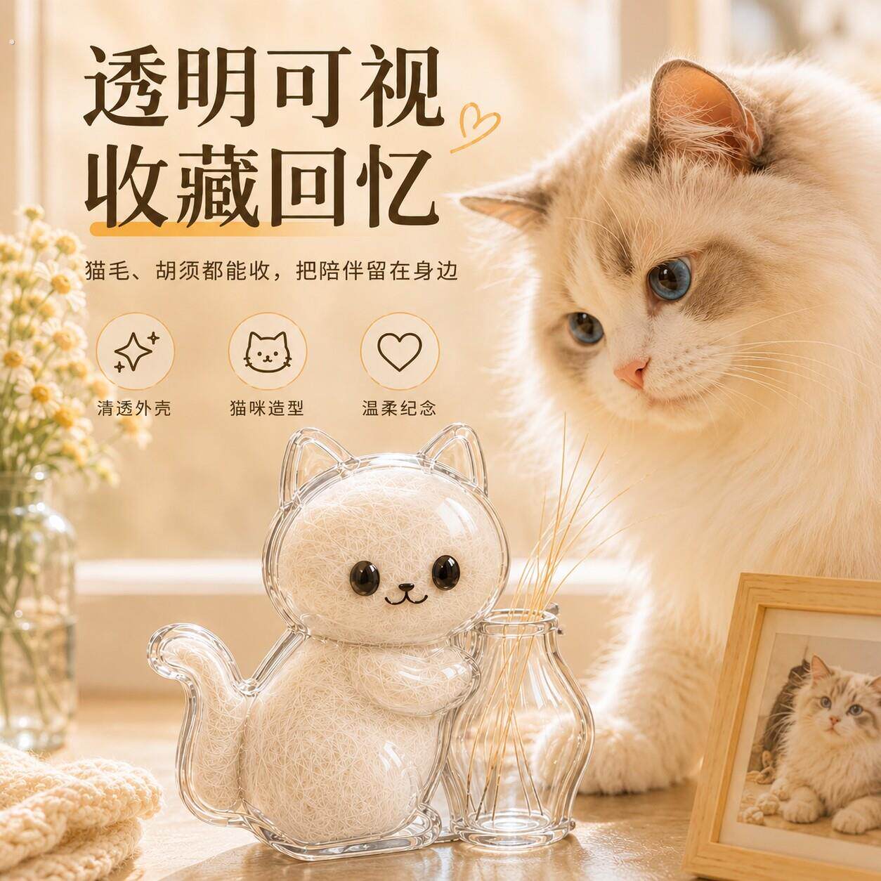 猫毛收集冰箱贴猫咪胡须收纳宠物毛发纪念留念猫胡子收集猫毛挂件