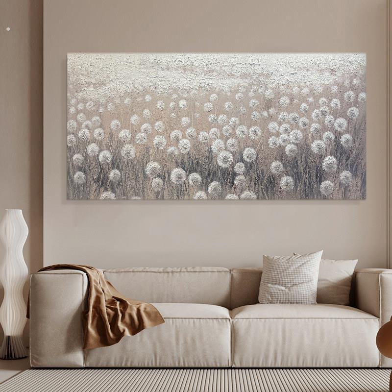 白色蒲公英手绘油画侘寂风植物装饰画森系风景客厅挂画丙烯肌理画