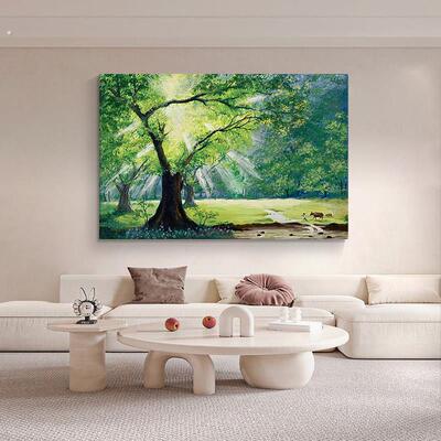 丁达尔效应手绘油画客厅绿色森林风景装饰画玄关抽象大幅树木挂画