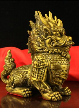 纯铜麒麟摆件家居玄关公室门厅桌面装饰品铠甲麒麟小号瑞兽坐麒麟