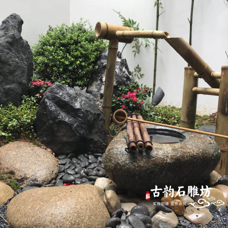 自然石庭院流水石钵景观摆件阳台石盆禅意小景日式石槽蹲踞枯山水