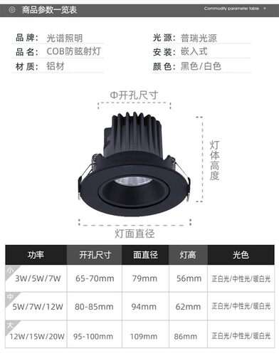 黑色led防眩射灯cob洗墙天花灯5W7W12W15W开孔6.5 8 9.5公分65mm