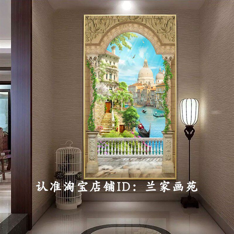 欧式典雅玄关画田园花鸟装饰画走廊唯美花园壁挂画竖版森林山水画