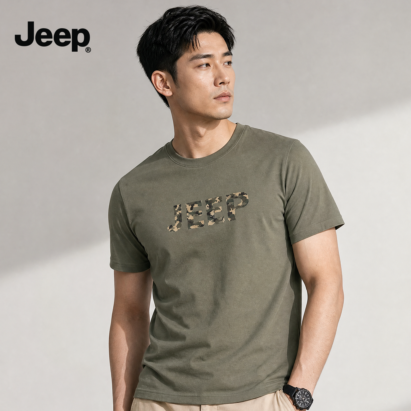 JEEP/吉普26年新款男士迷彩休闲运动舒适纯棉圆领透气短袖抗菌T恤