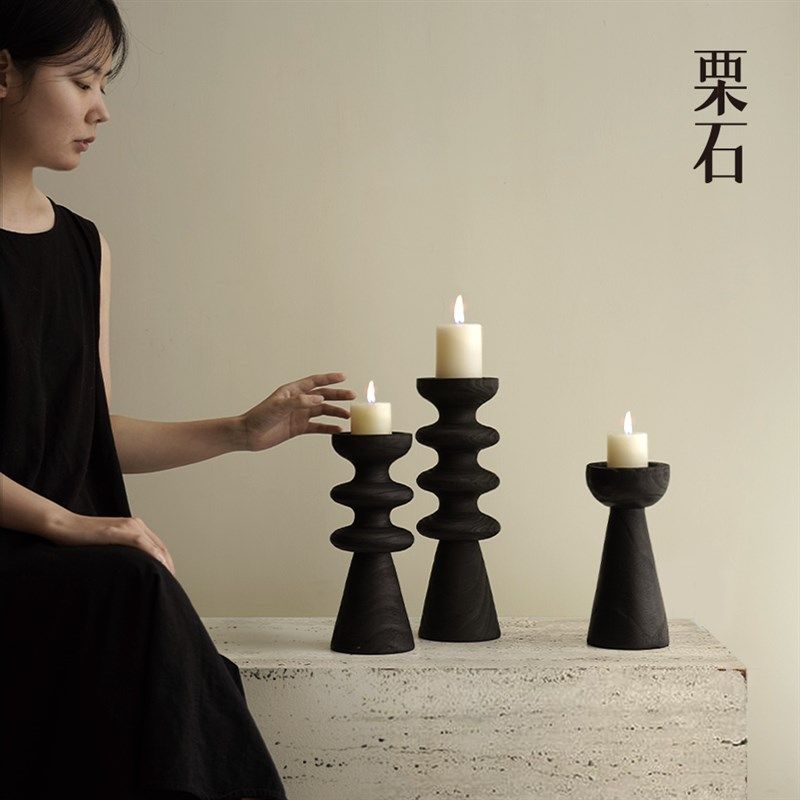 栗石【法式浪漫】高级感碳化木蜡烛台样板间复古黑色艺术烛台摆件