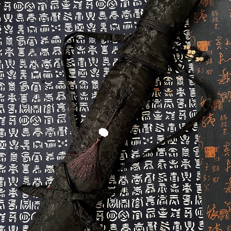 定制典雅黑玄语龙云锦缎多支装有分隔有背带有收纳笛箫长竿古琴袋