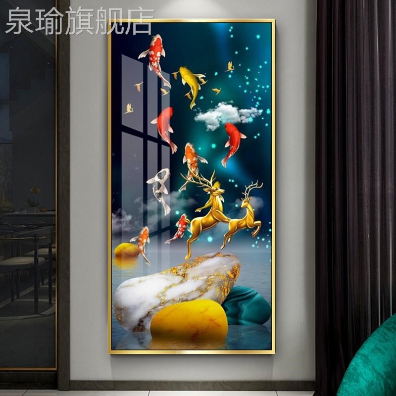 网红中式五福临葫芦九鱼新图进屋玄关装饰画门竖版餐厅走廊挂画墙