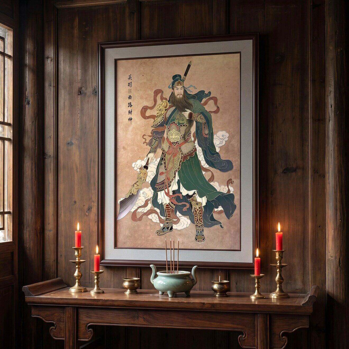 描金浮雕关羽西路财神画像挂画玄关客厅装饰画武财神关公镇宅壁画